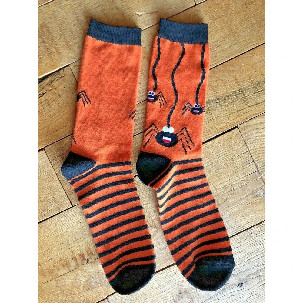 Halloween Women's Crew Cut Orange / Black Striped Spider Socks - No Tags - NEW -